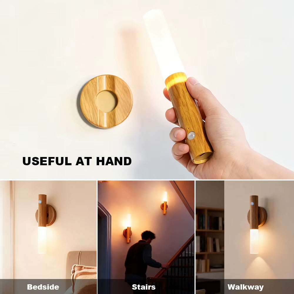 Magnetic LED Wall Light PIR Motion Sensor 360°Rotation LED Rechargeable Night Light Wood Wall Lamp Kitchen Cabinet Light Lamp