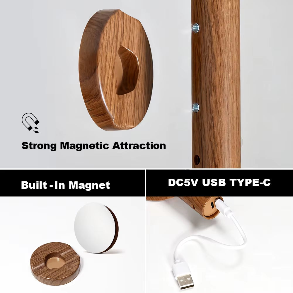 Magnetic LED Wall Light PIR Motion Sensor 360°Rotation LED Rechargeable Night Light Wood Wall Lamp Kitchen Cabinet Light Lamp