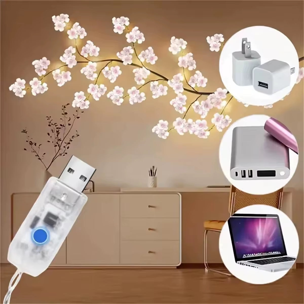 72 Led Cherry Blossom USB Tree Branch Rattan Lights 8 Modes Colorful String Lamp Valentine Christmas Wedding Bedroom Decoration