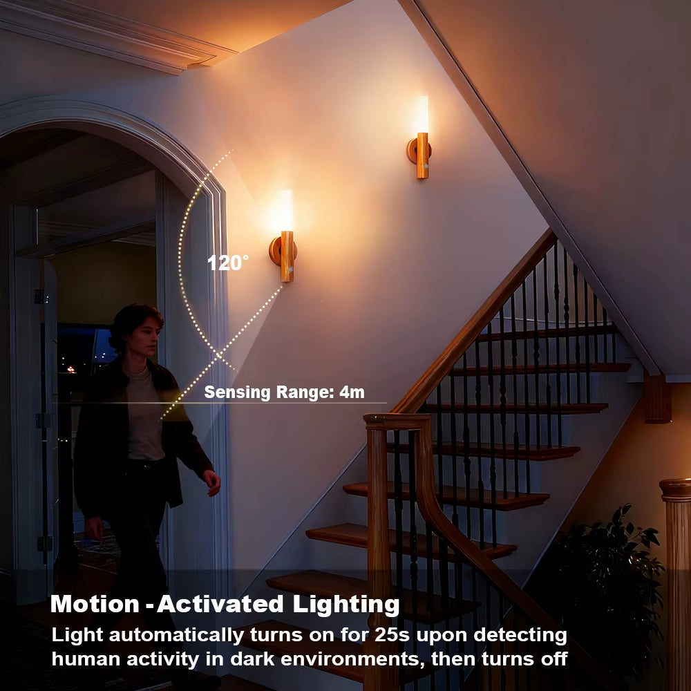 Magnetic LED Wall Light PIR Motion Sensor 360°Rotation LED Rechargeable Night Light Wood Wall Lamp Kitchen Cabinet Light Lamp