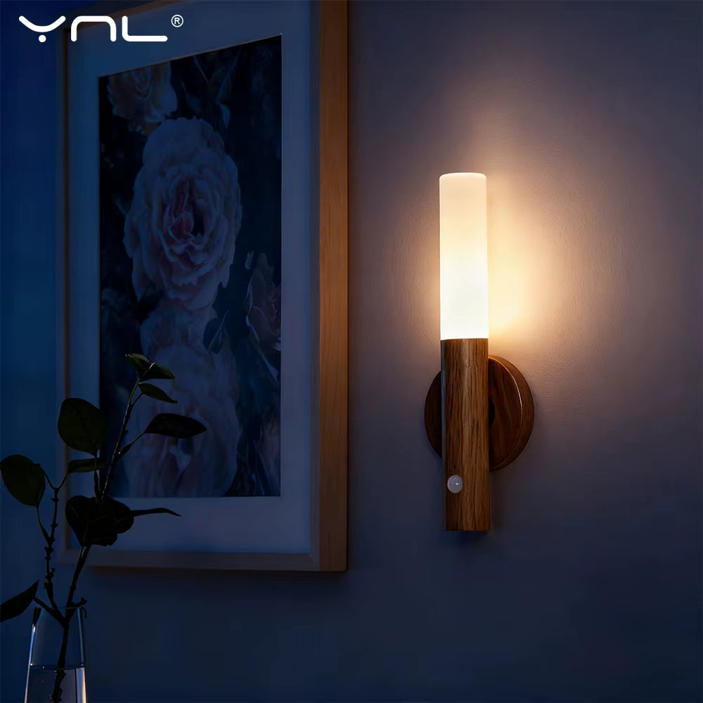 Magnetic LED Wall Light PIR Motion Sensor 360°Rotation LED Rechargeable Night Light Wood Wall Lamp Kitchen Cabinet Light Lamp