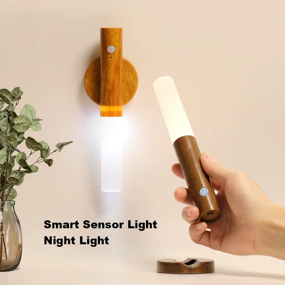 Magnetic LED Wall Light PIR Motion Sensor 360°Rotation LED Rechargeable Night Light Wood Wall Lamp Kitchen Cabinet Light Lamp
