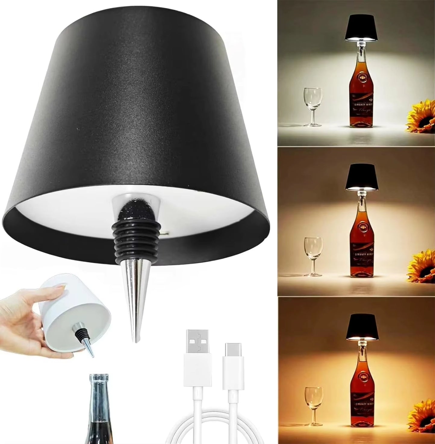 USB Charge Bottle Table Lamp Touch Control of 3 Colors and Stepless Dimming Table Lamp Night Light for Bar Wine Bottles Lights