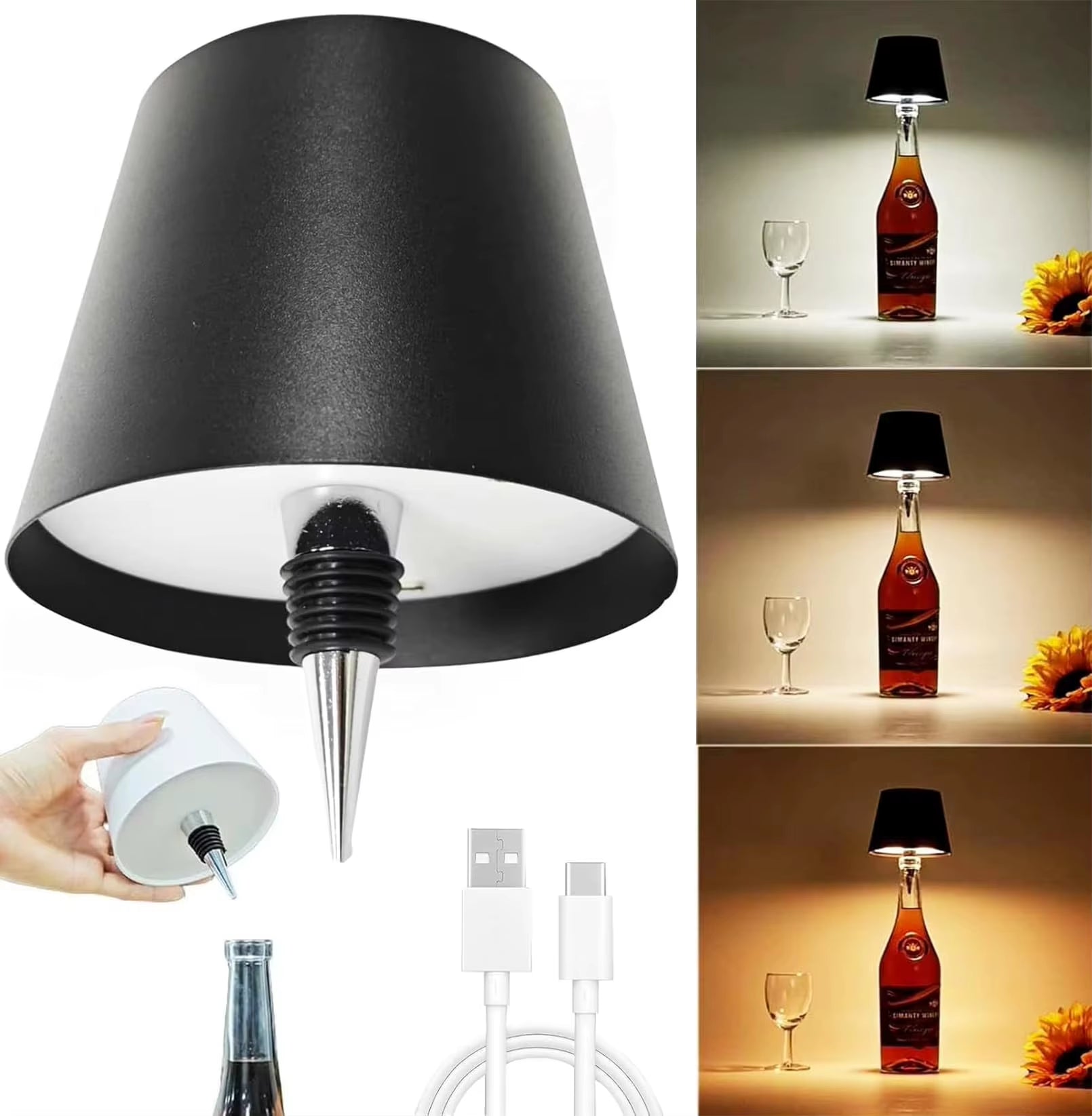 USB Charge Bottle Table Lamp Touch Control of 3 Colors and Stepless Dimming Table Lamp Night Light for Bar Wine Bottles Lights