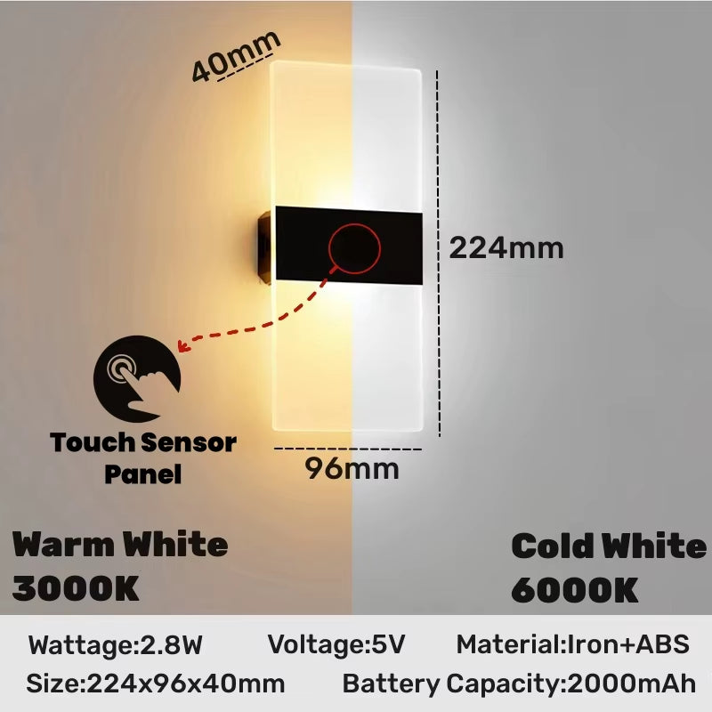 Touch Sensor Switch LED Wall Lamp USB Rechargeable Wireless Acrylic Stair Night Light Bedroom Aisle Kitchen Wall Sconce Lighting